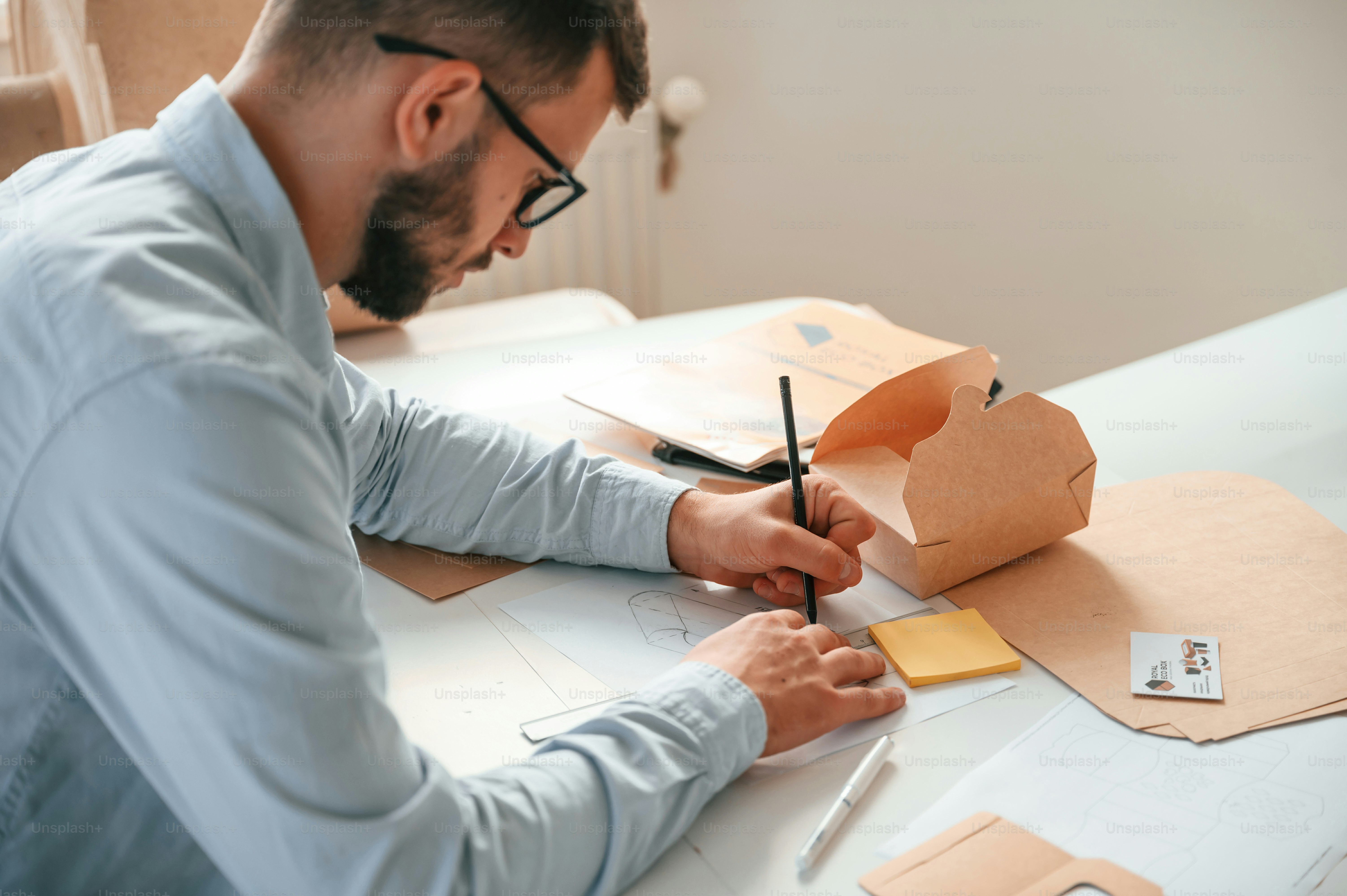 Drawing process. Print house worker in white clothes is indoors.