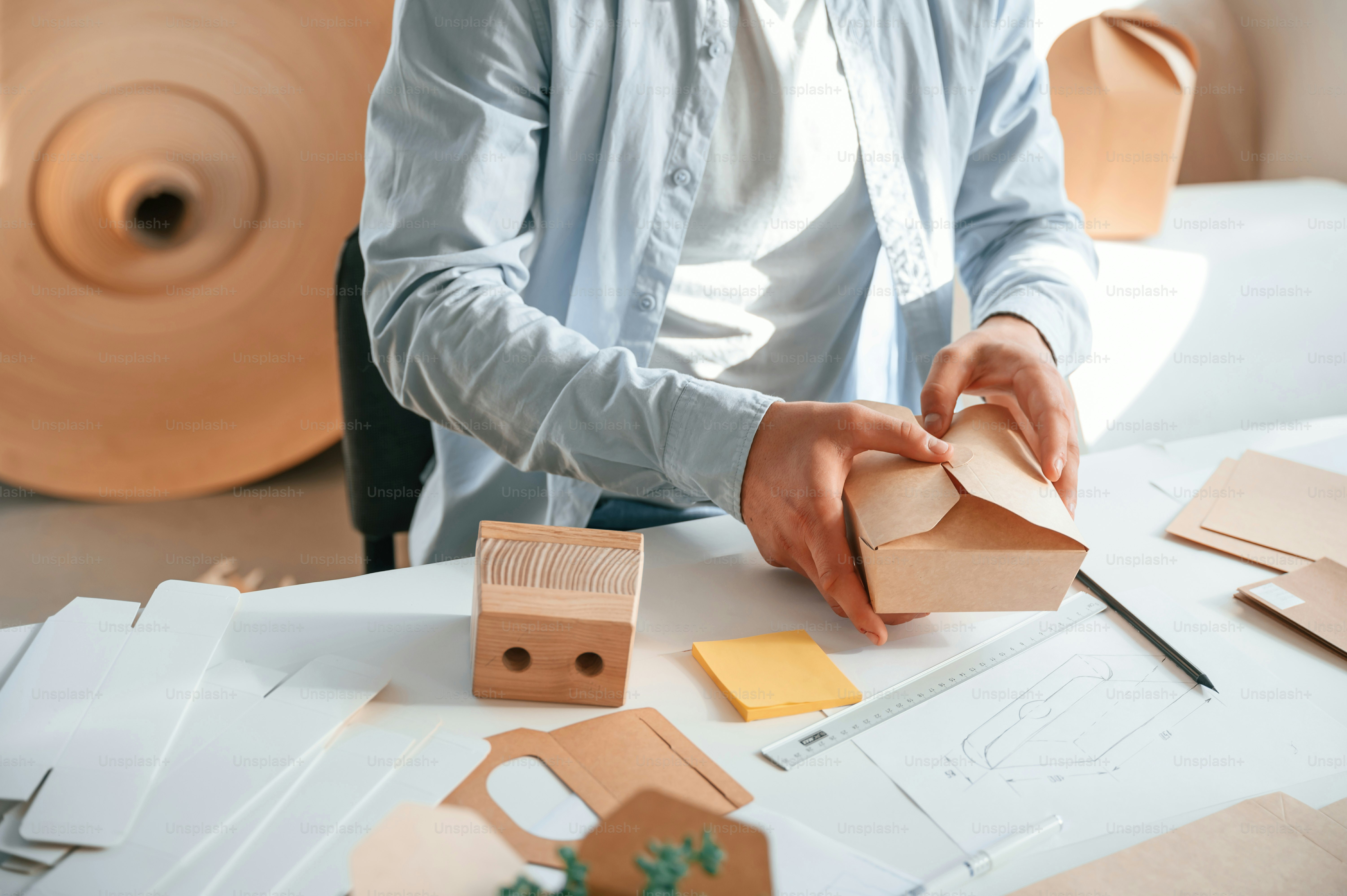 Process of making beautiful little wooden box. Print house worker in white clothes is indoors.