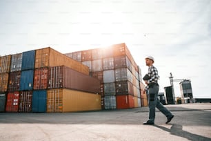 Beautiful sunlight. Male worker is on the location with containers.