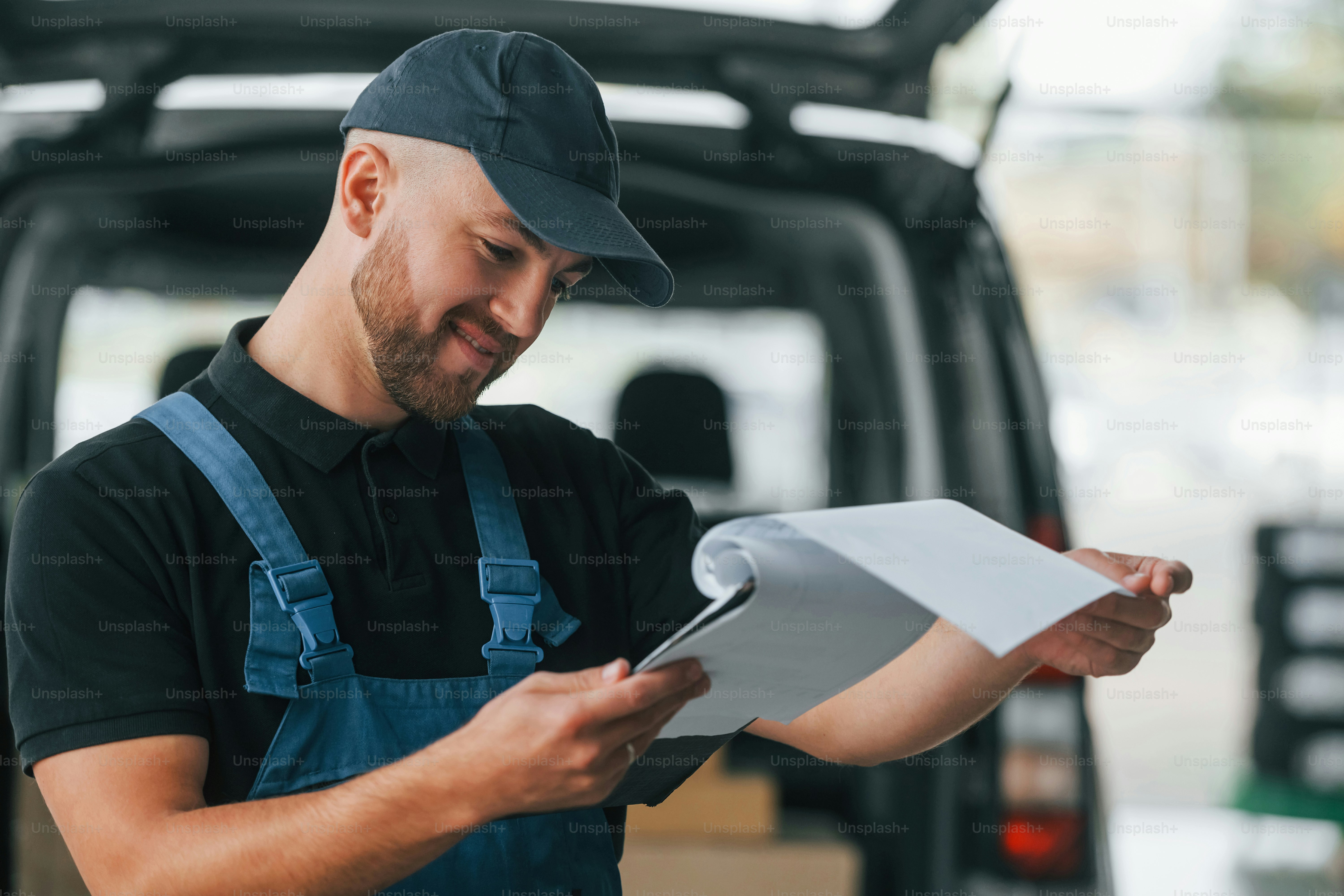 Modern vehicle. Delivery man in uniform is indoors with car and with order.