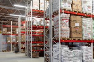 warehouse automated logistics center with red racks.