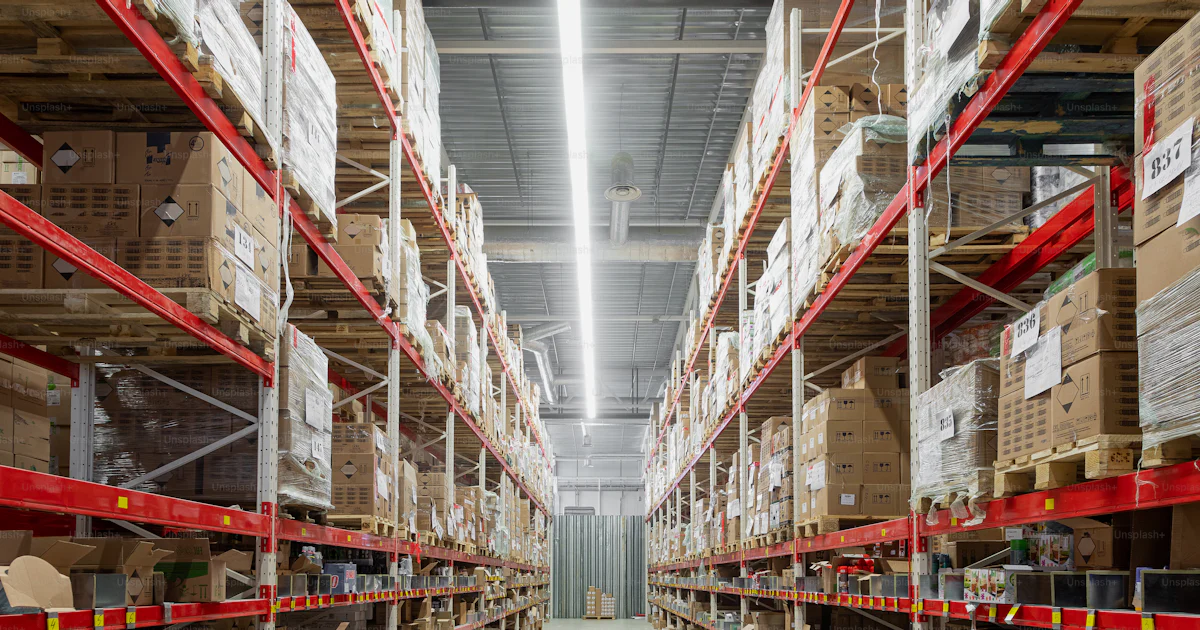 Interior of a huge warehouse with long red racks and cardboard boxes ...