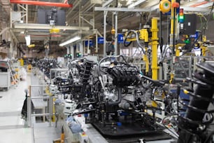 Automated Assembly line of car mechanics. Automobile industry plant