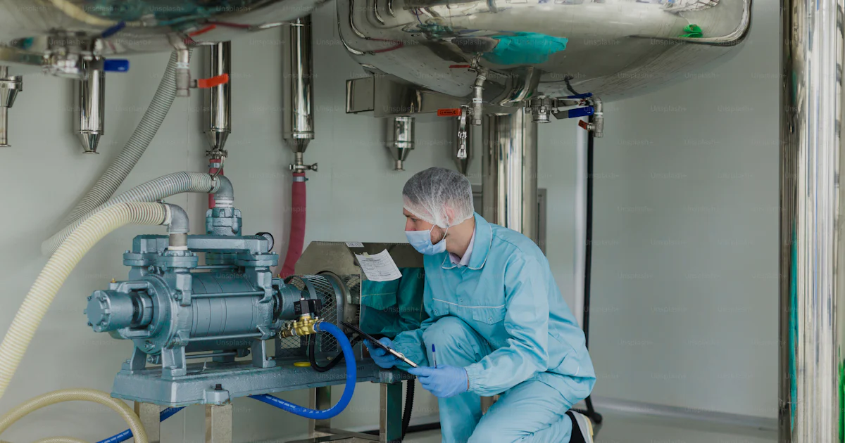 Tankz Under Mask Scientist in lab suit and gas mask under big steel tanks check engine ...