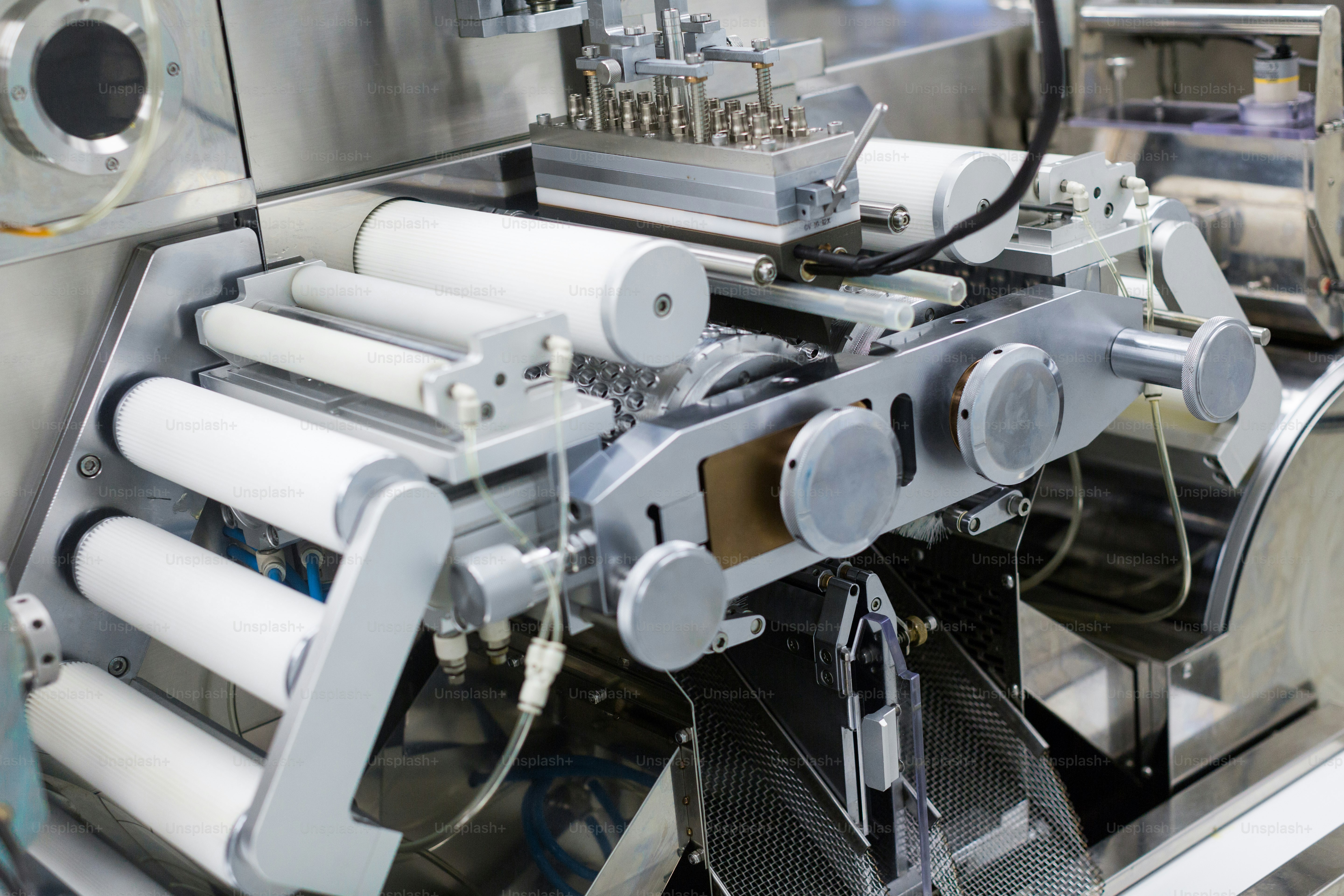 metal chromed manufacture machines with shafts, wires and electronics, close