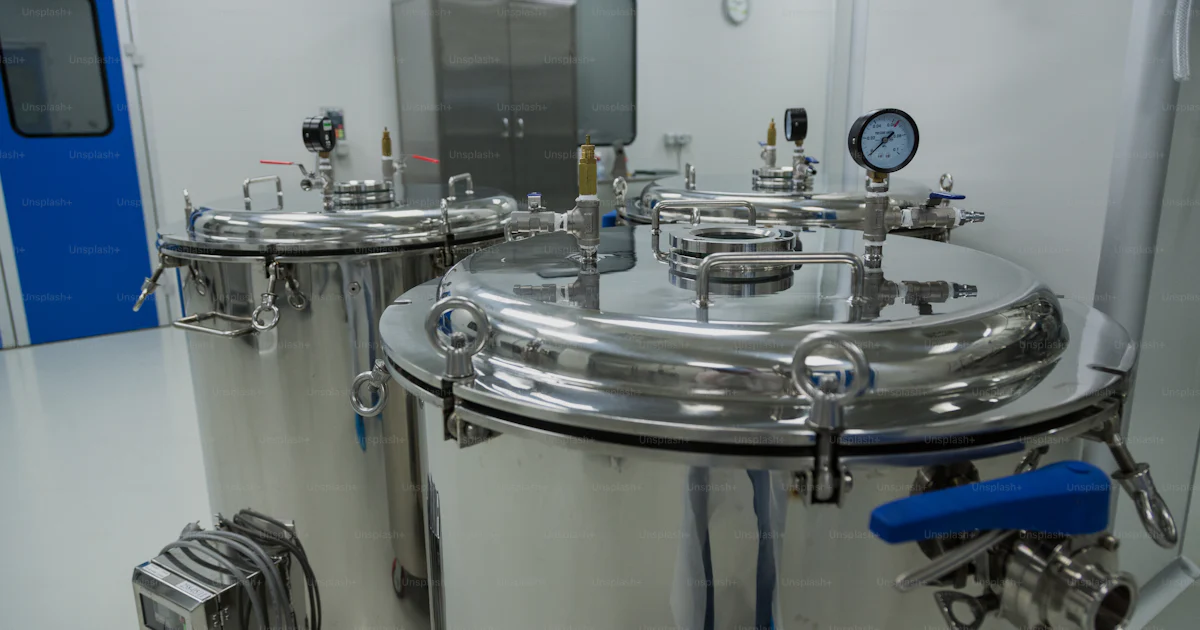 Laboratory Testing Tank Steel chromed tank with pressure meter in clean laboratory photo ...