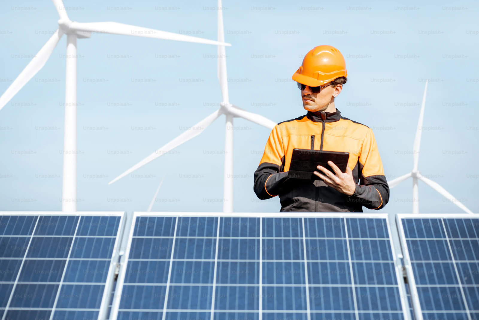 Engineer with a tablet in front of solar panels and wind turbines