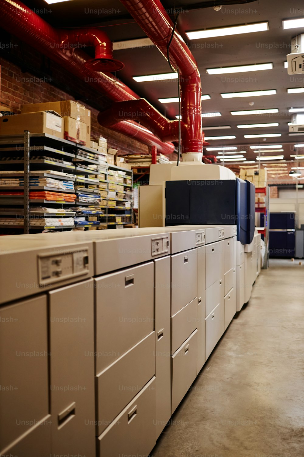 Background image of printing factory workshop, copy space