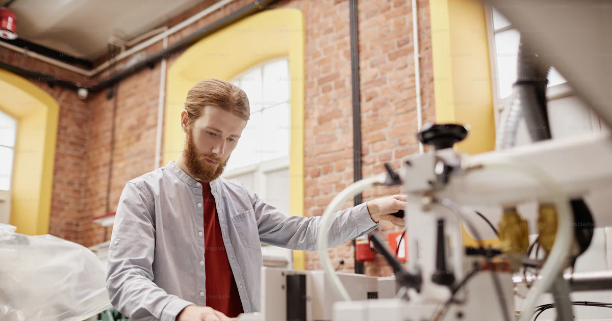 Portrait of young man working in print shop and operating industrial ...