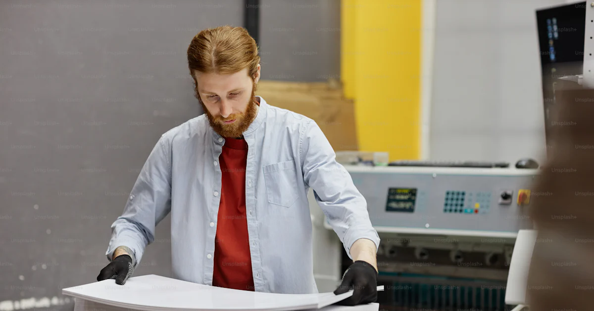 Portrait of young man working in print shop and holding stack of paper ...