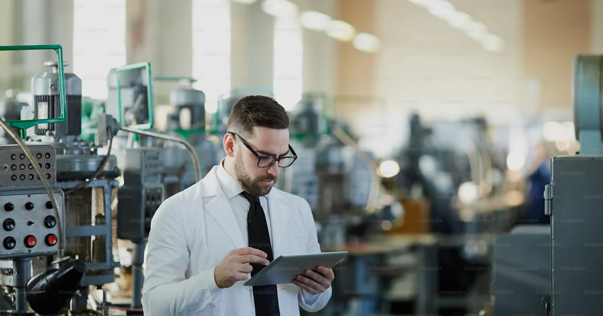 Work Shop Lab Waist up portrait of handsome factory worker wearing lab coat using ...