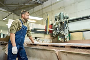 Side view portrait of mature workman standing by wood cutting machine in modern furniture factory, copy space