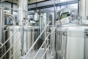 Storage tanks in craft beer brewery, small business concept