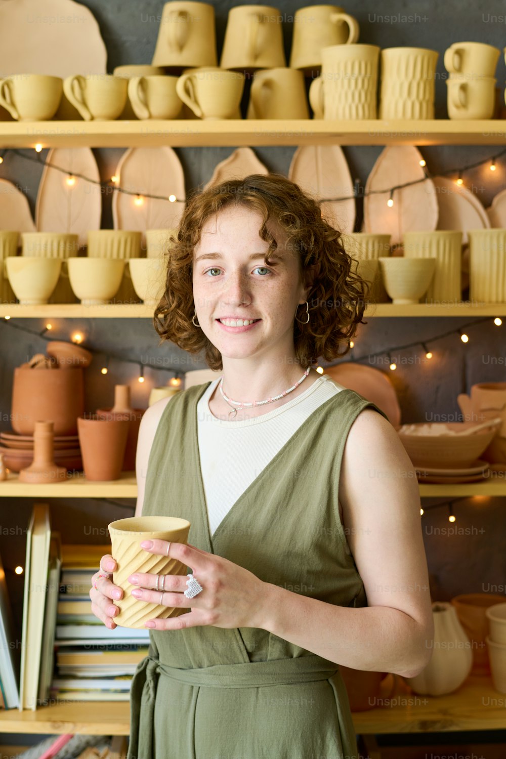 Mujer joven alegre con taza de arcilla hecha a mano en las manos de pie junto a la exhibición con surtido de loza creada para la venta
