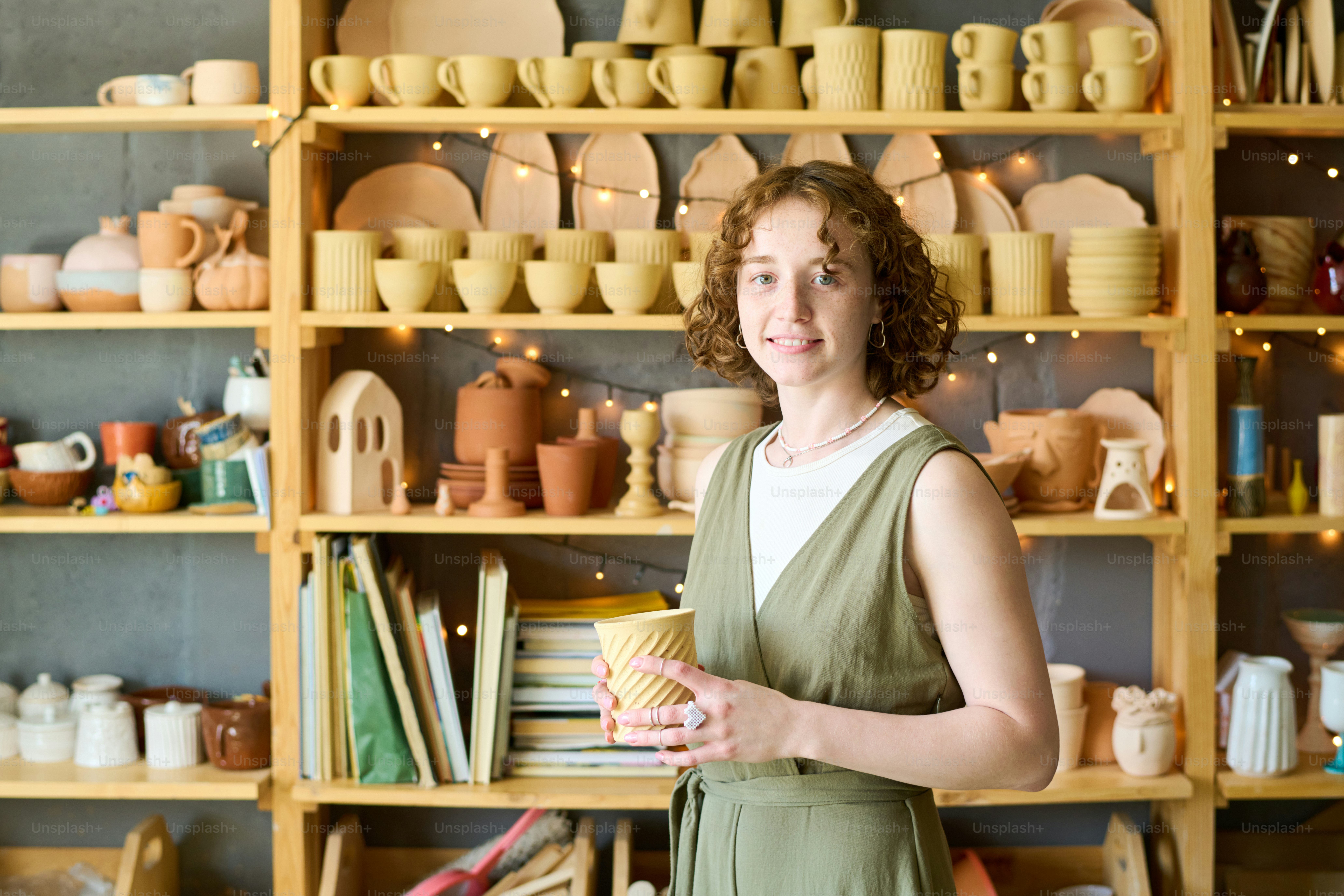 Young successful owner of small shop with handmade clay mug in hands ...