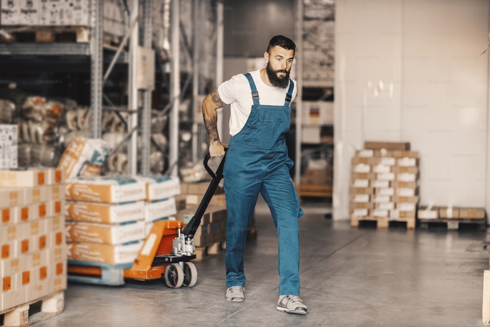 A storage worker pulling forklift with goods.