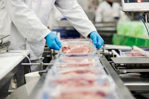 Nahaufnahme eines Arbeiters in der Fleischindustrie, der verpacktes Fleisch auf einem Förderband sammelt.