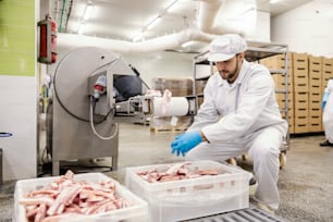 A meat factory worker is crouching next to a meat processing machine and doing final check before delivery.