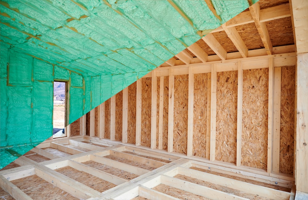 Photo collage before and after thermal insulation room in wooden frame house in Scandinavian style barn house. Comparison of walls sprayed by polyurethane foam. Construction and insulation concept.