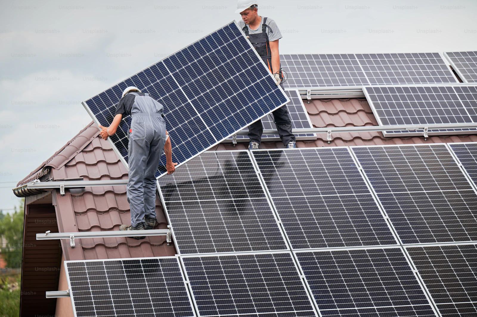 Rooftop solar array installed at golden hour