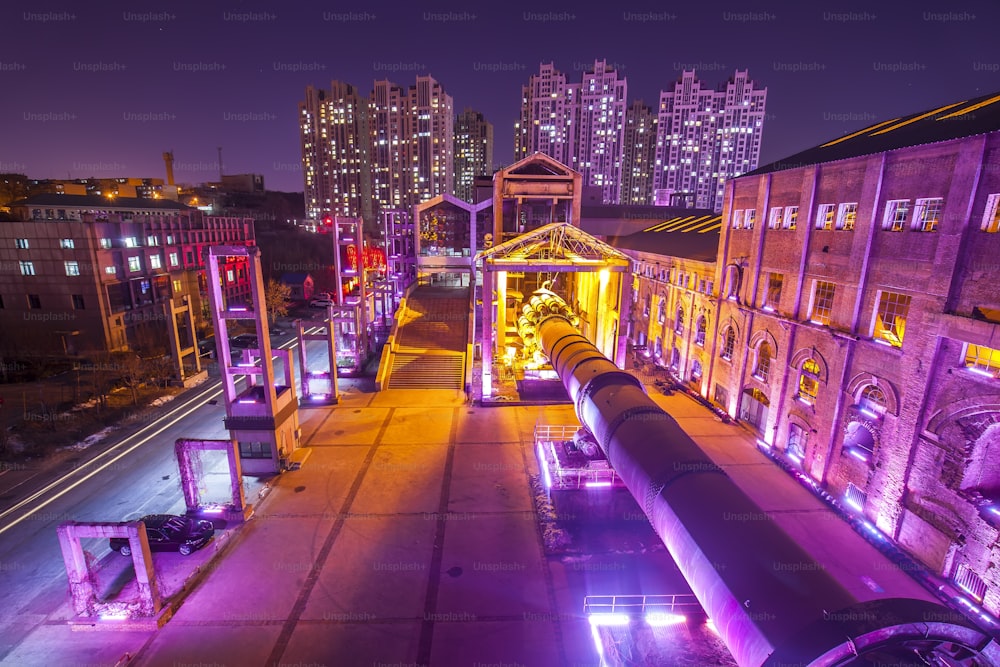 Factory buildings and industrial equipment in the evening