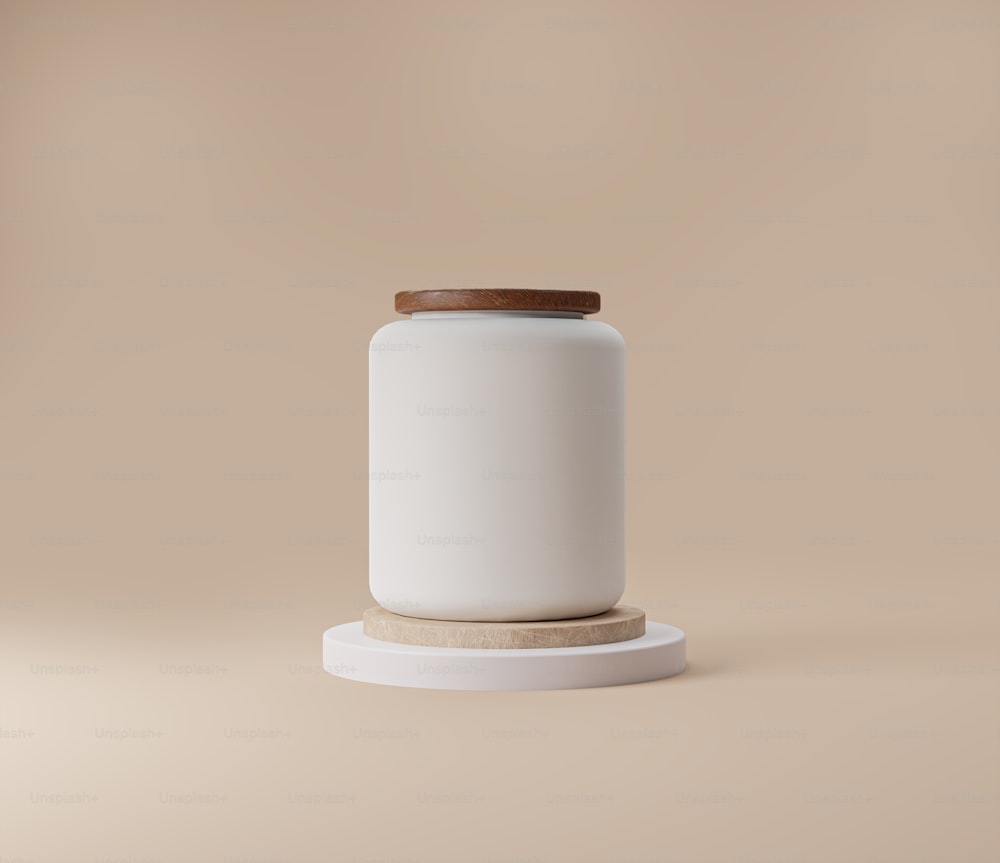 a white jar with a wooden lid on a stand