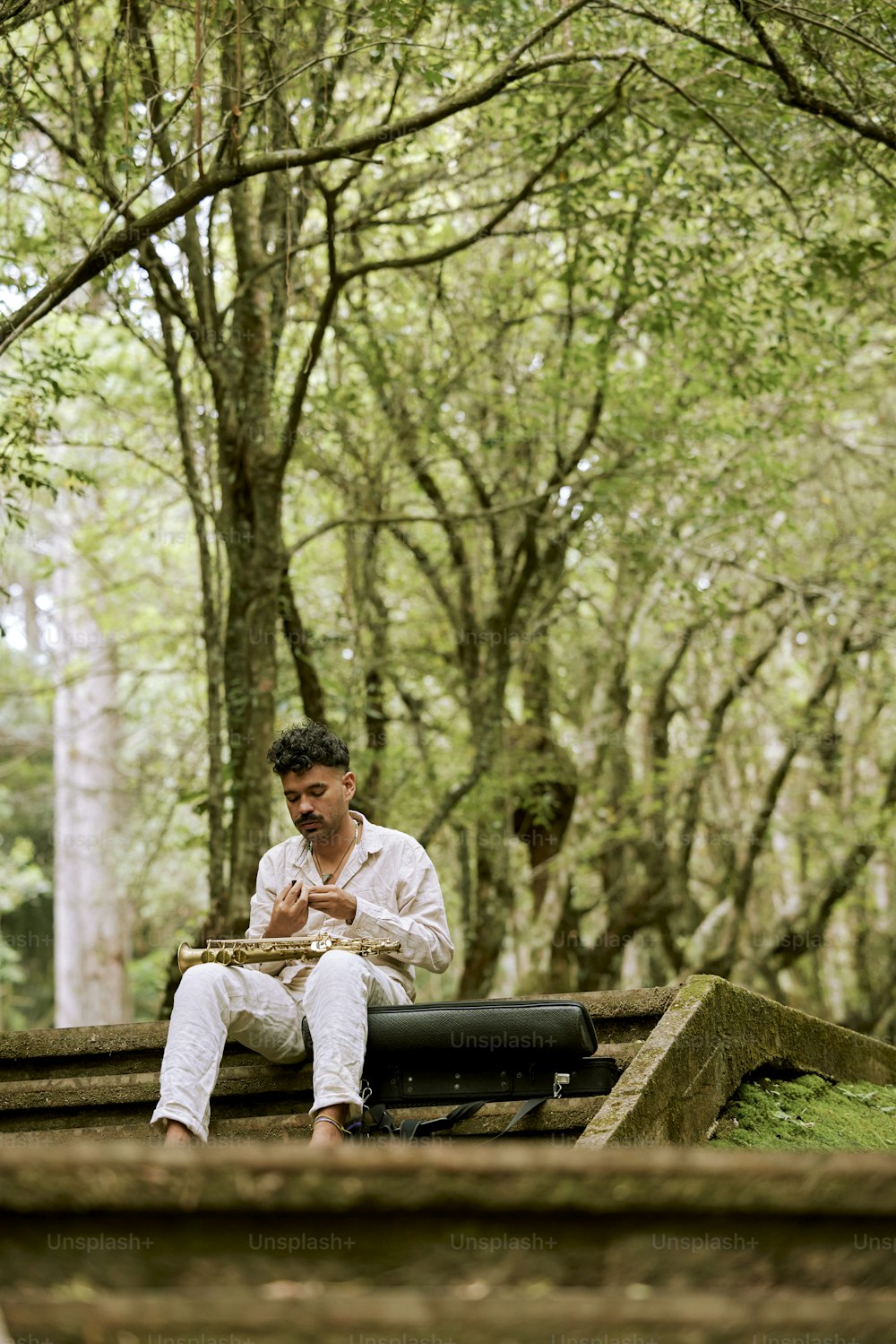 a man sitting on a bench in a forest