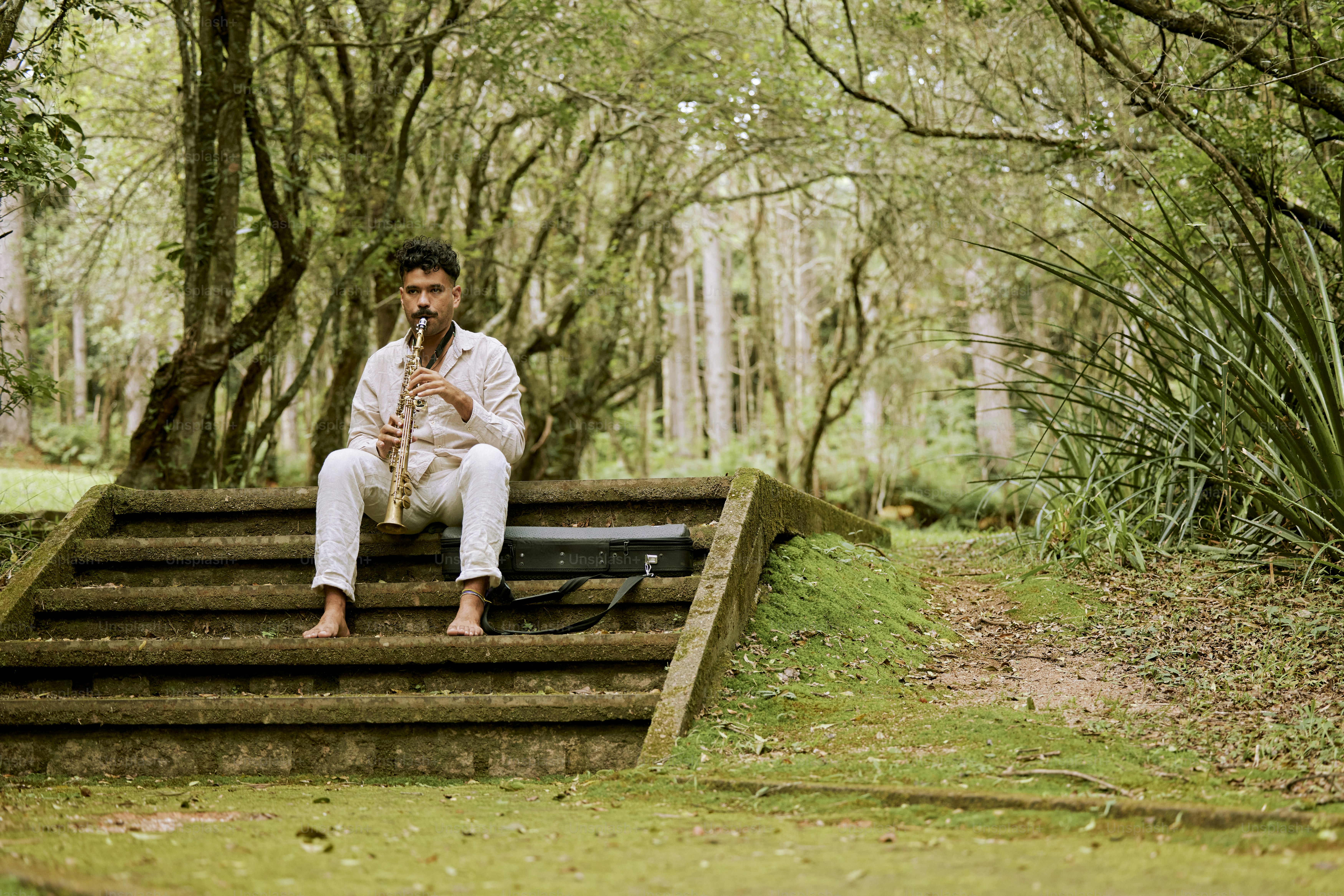 a man sitting on a set of steps in the woods