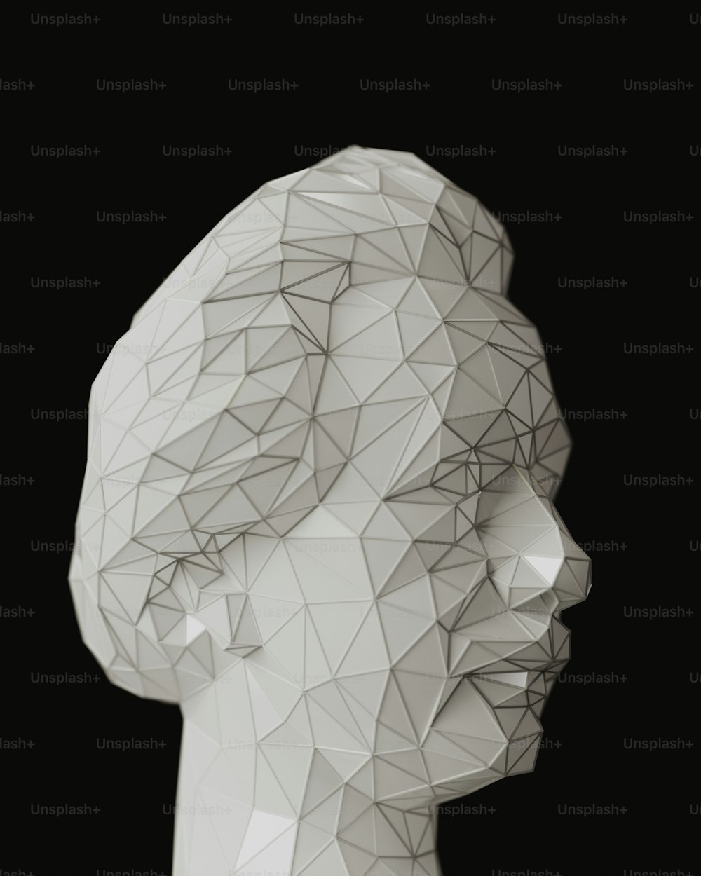 a white sculpture of a person's head with a black background