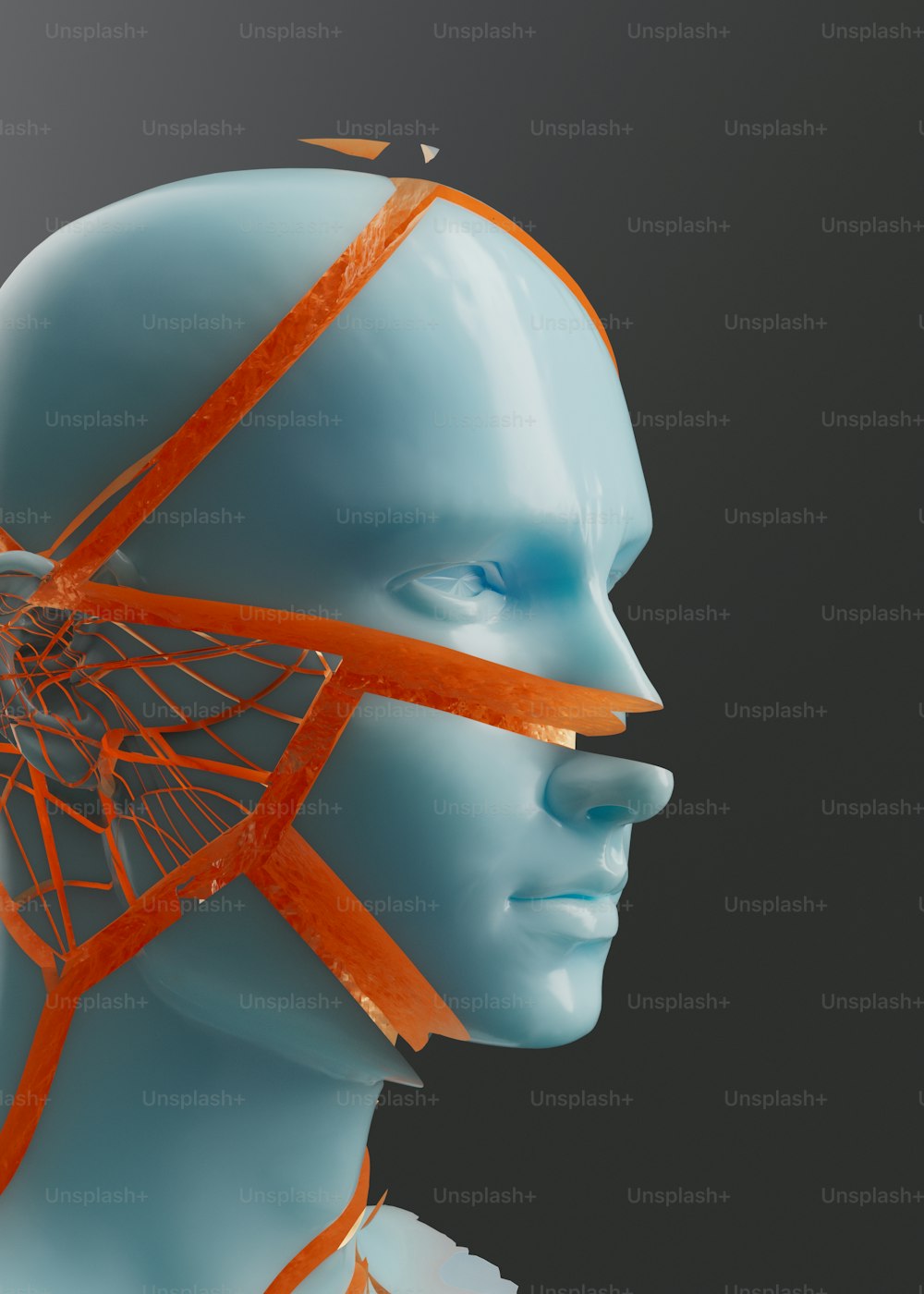 a mannequin's head with an orange piece of wire attached to it