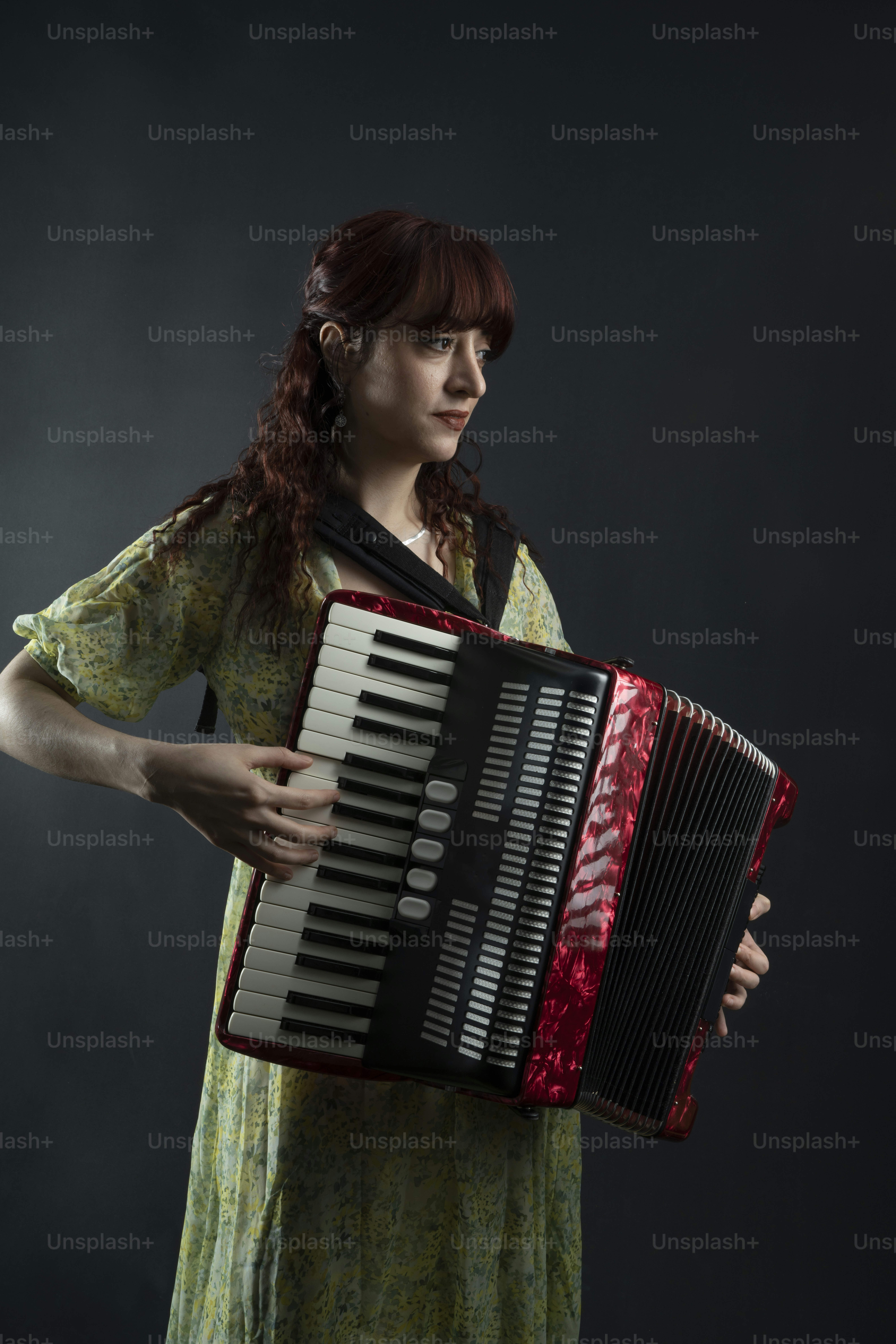 A woman in a green dress holding an accordion photo Musical instrument Image on Unsplash
