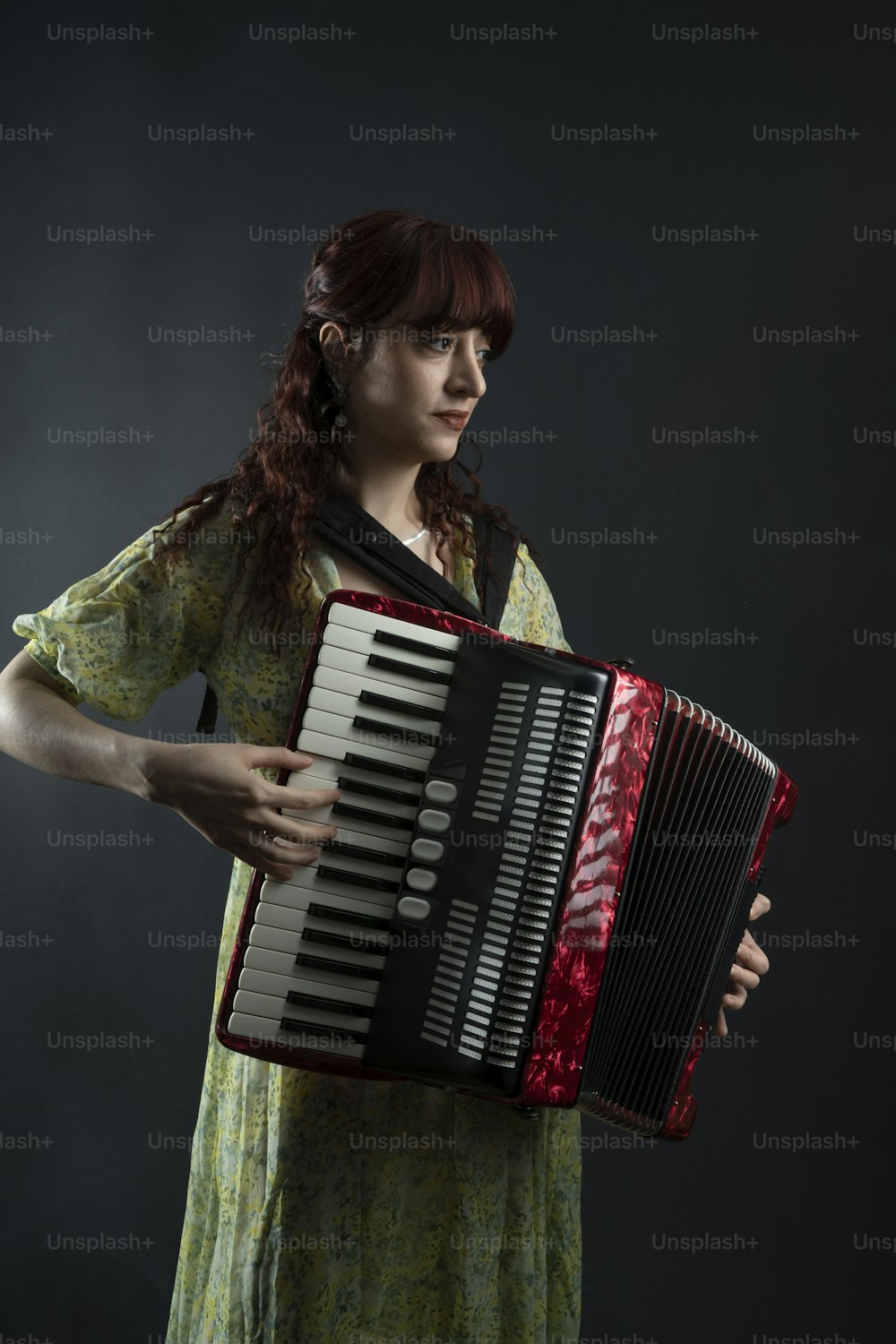 a woman in a green dress holding an accordion