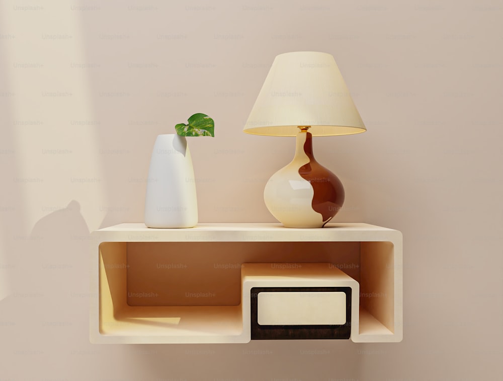 a shelf with a lamp and a vase on it