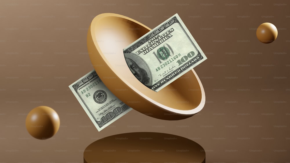 a dollar bill falling into a brown bowl