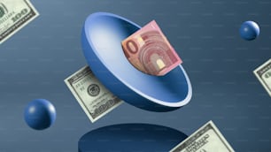 a blue object with a ten dollar bill sticking out of it