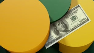 a one dollar bill sticking out of a hole in a green and yellow background