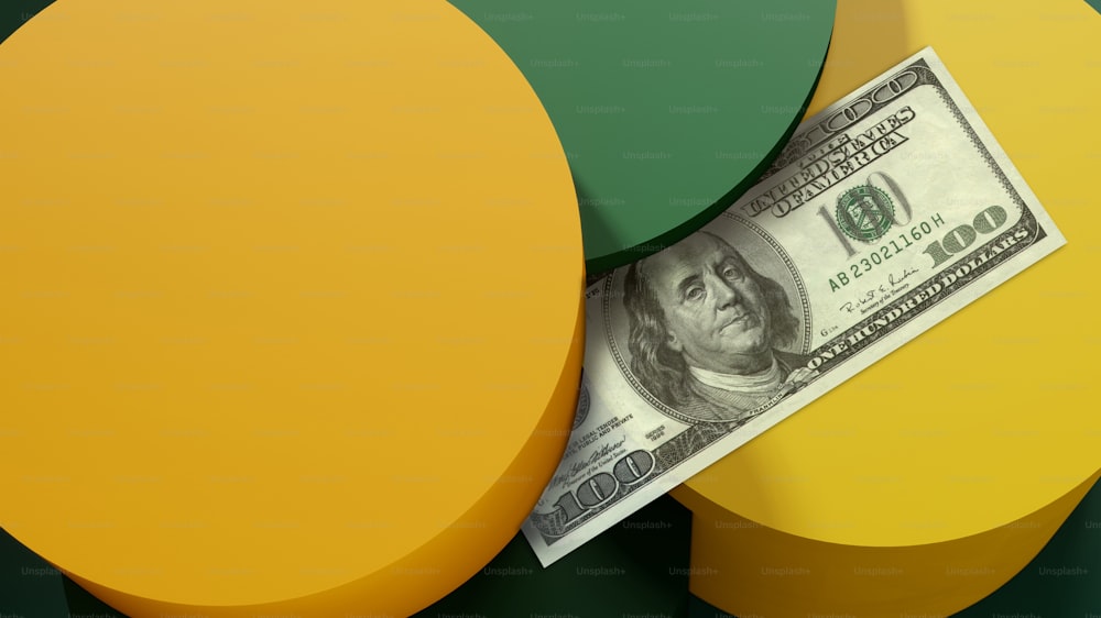 uma nota de um dólar saindo de um buraco em um fundo verde e amarelo