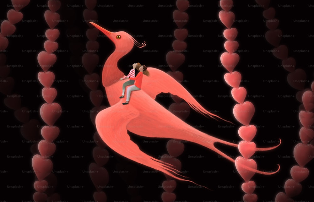 Amore concetto surreale pittura uomo e donna che cavalcano uccello rosso gigante nella notte di fantasia, libertà
