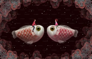 사랑 개념 초현실적 인 그림 남자와 여자는 환상의 밤에 거대한 귀여운 물고기를 타고 있습니다