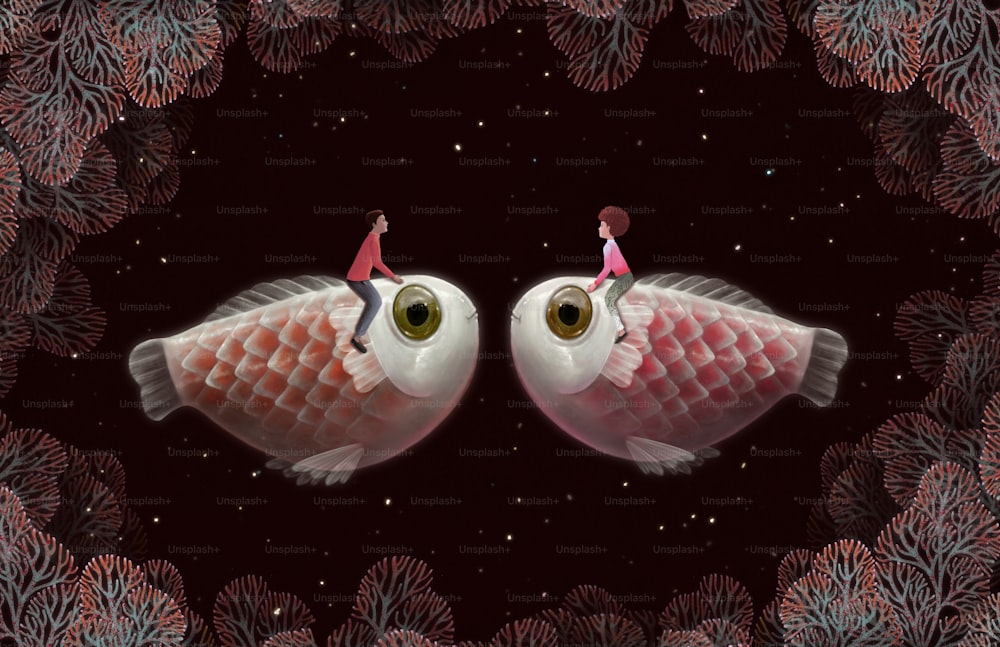사랑 개념 초현실적 인 그림 남자와 여자는 환상의 밤에 거대한 귀여운 물고기를 타고 있습니다