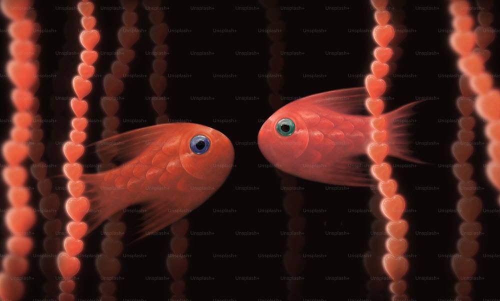 Conceito de amor pintura surreal 2 peixes vermelhos com paisagem de fantasia