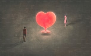Love concept surreal painting man and woman with tree heart