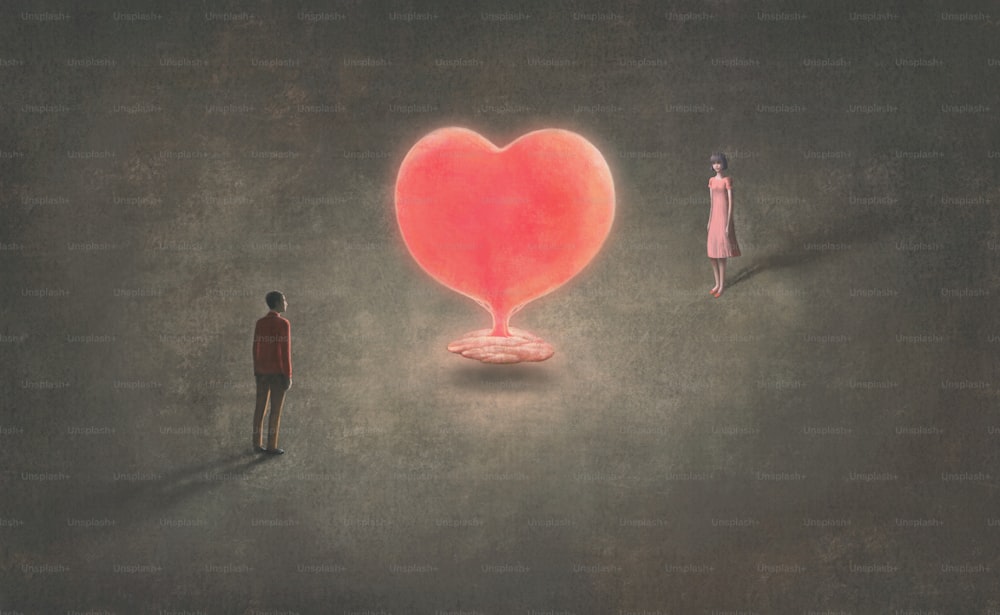 Concepto de amor pintura surrealista hombre y mujer con corazón de árbol