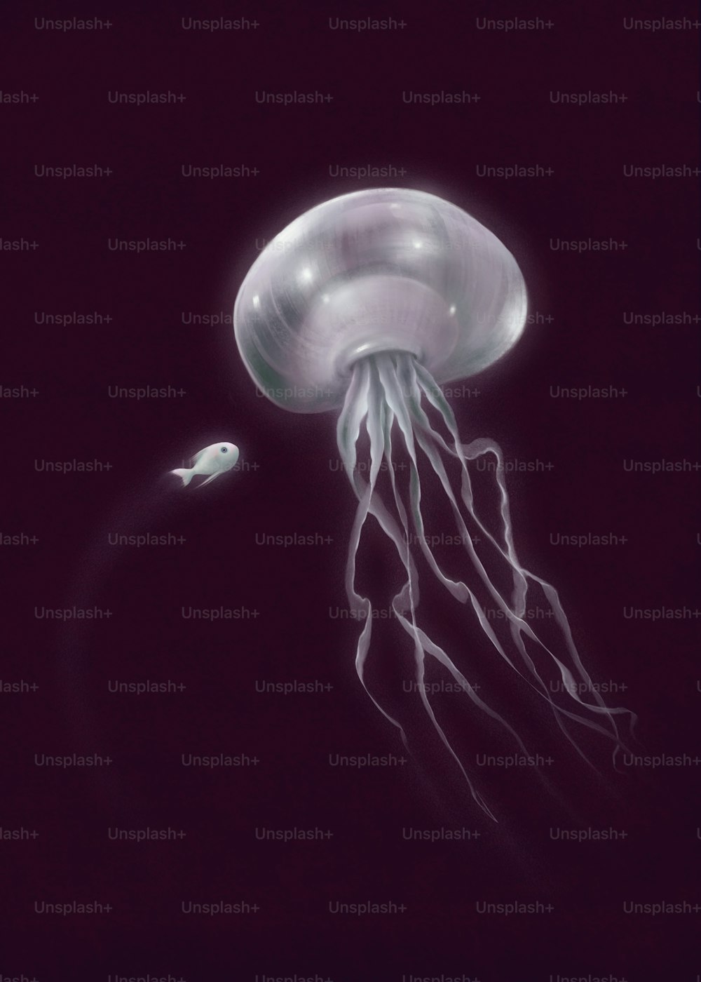 in the deep of water, huge jellyfish with small fish underwater, fantasy illustration, surreal painting, art adventure, contrast