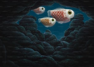 Dans les profondeurs de l’eau, d’énormes méduses avec de petits poissons sous l’eau, illustration fantastique, peinture surréaliste, aventure artistique, contraste