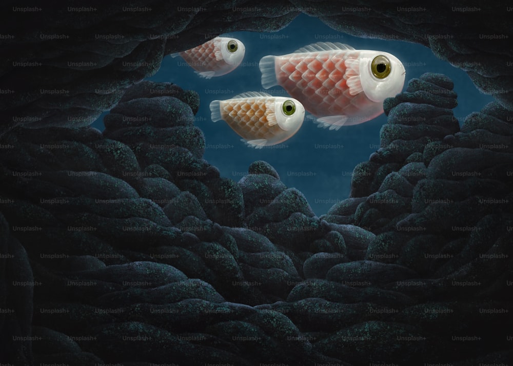 in der Tiefe des Wassers, riesige Quallen mit kleinen Fischen unter Wasser, Fantasy-Illustration, surreale Malerei, Kunstabenteuer, Kontrast