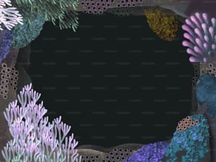 Rahmen aus bunten Korallen in schwarzem Hintergrund, Illustration, Malerei, Design, Kopierraum