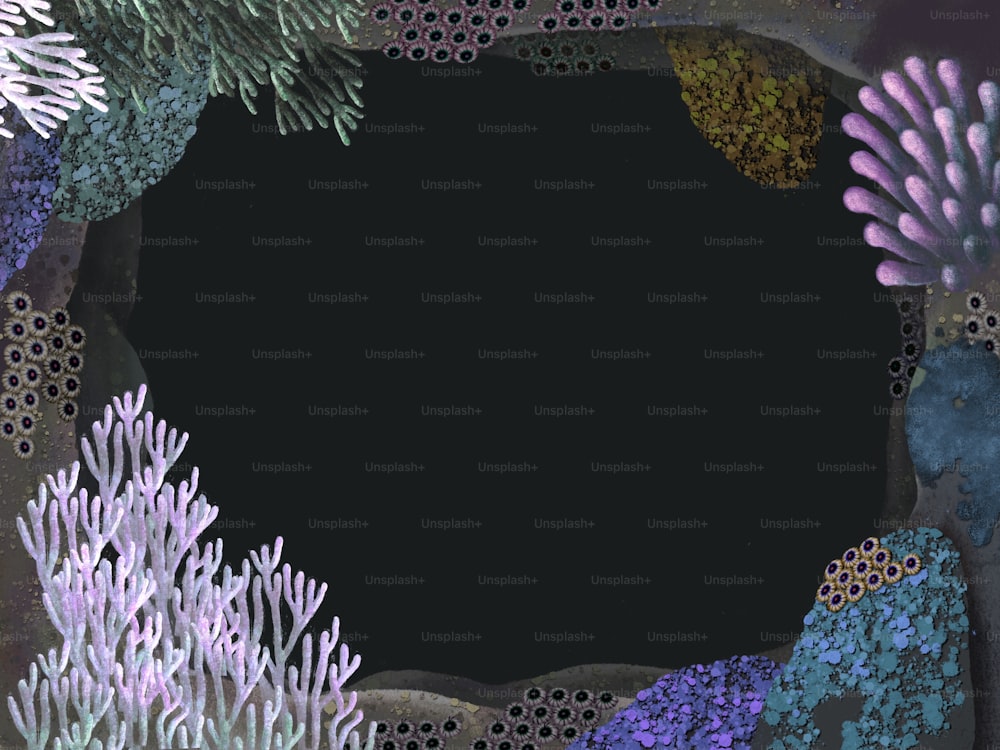 Frame of colorful corals in black background, illustration, painting,design,copy space