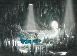 Illustrazione del concetto di speranza. Barca verde di paddle del ragazzo con il suo cane sveglio nella grotta, pittura di fantasia
