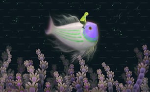Imagination petit garçon chevauchant mignon poisson géant coloré dans le ciel étoilé de paysage fantastique, illustration de fond de la nature, peinture surréaliste